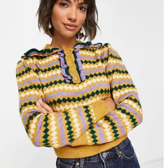 Mango Retro Stripes Acrylic Knit With Collar Ruffle Detail Pullover Sweater NWOT - Picture 11 of 11